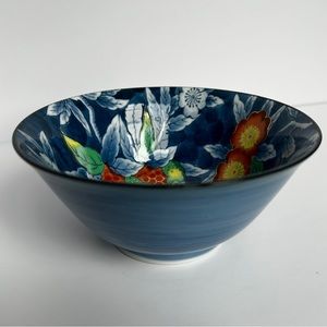 Blue Porcelain Rice Bowl with Red Strawberry and Floral Pattern Japanese